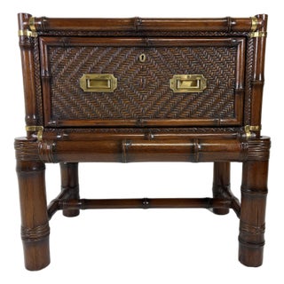 Ralph Lauren British Colonial Style Rattan and Brass Chest on Stand For Sale