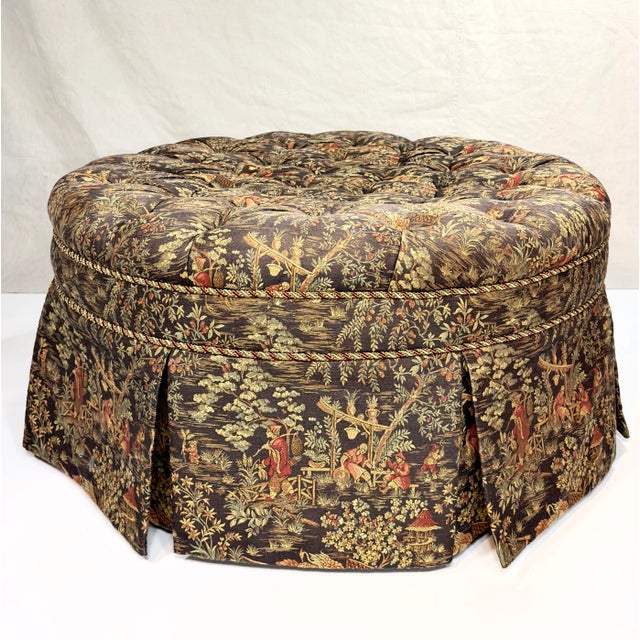 Round Chinoiserie Tufted Ottoman, Poof, Footstool, Vintage 1970’s-80’s For Sale - Image 11 of 11