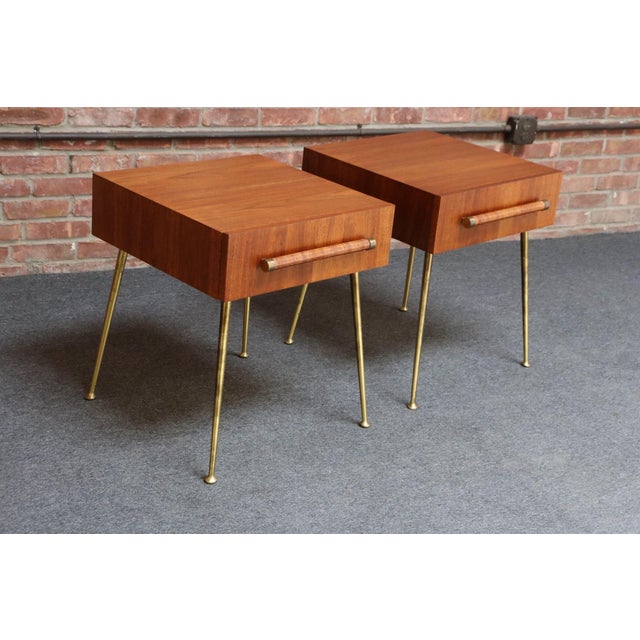 Pair of Walnut and Brass Single Drawer Nightstands by t.h. Robsjohn-Gibbings For Sale - Image 15 of 18