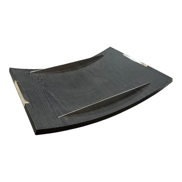 1990s Modern Curved Ebonized Wood and Sterling Silver Serving Tray by Silvan For Sale