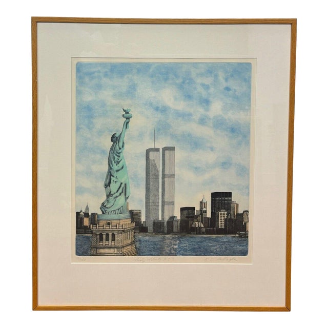 Katherine E Gallagher 'lady Liberty Nyc' Statue & Twin Towers New York Aquatint For Sale