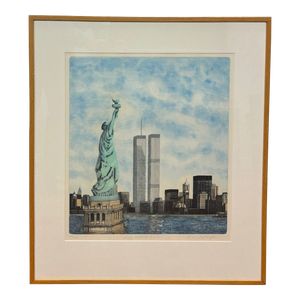 Katherine E Gallagher 'lady Liberty Nyc' Statue & Twin Towers New York Aquatint