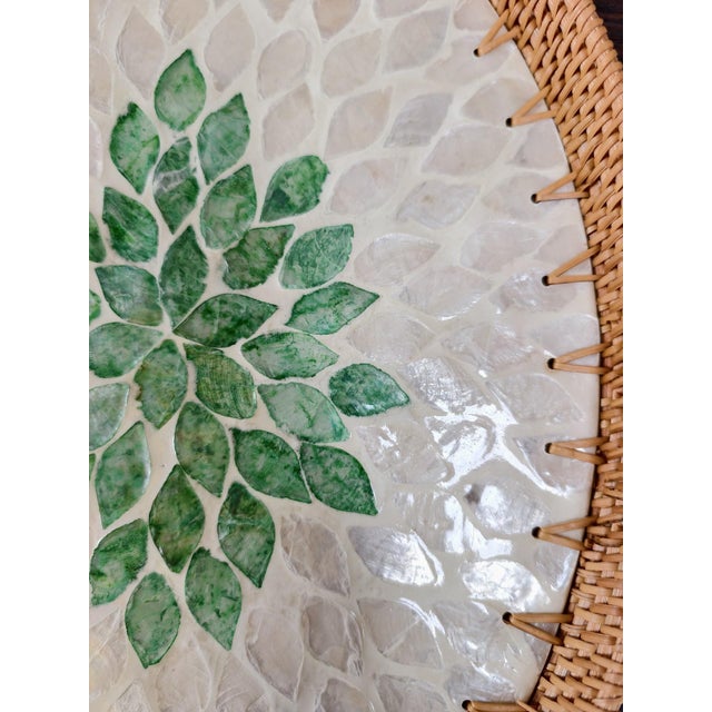 Set of 3 Oval Handmade Rattan Mother of Pearl Inlaid Trays With Green Floral Pattern For Sale In Chicago - Image 6 of 6