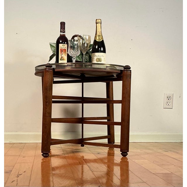 Vintage Wood Folding Tray Table Removable Serving Tray Brass Gallery For Sale - Image 12 of 12