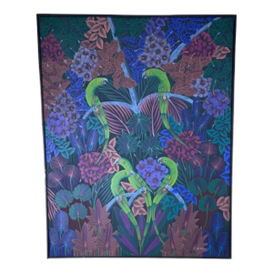 Captivating Haitian Acrylic Painting: "Parrots in the Jungle" by p.t. Donald