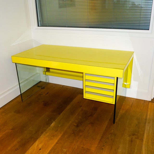 Yellow Veneer Desk with Glass Side Panels, 1980 For Sale - Image 10 of 10