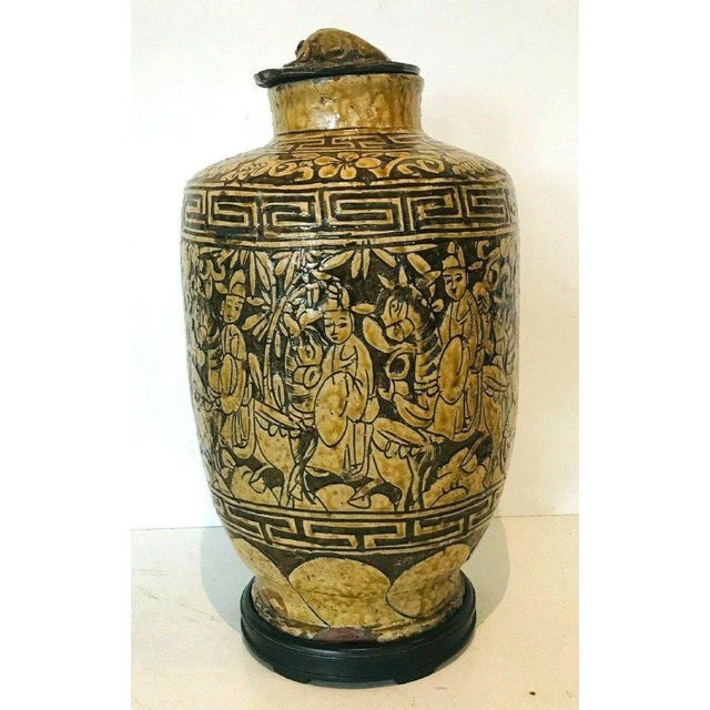 Ceramic Covered Vase in Cracked Earthenware with Chinese Decor, 1800s For Sale - Image 7 of 11