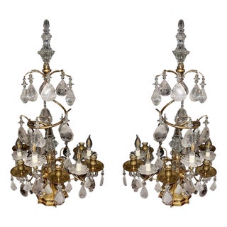 Pair of 19th Century Italian Bronze & Rock Crystal Girandoles For Sale