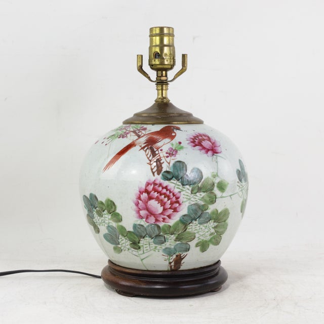 Famille Rose Antique Porcelain Vase Table Lamp With Bird and Peony Motif on Wood Base For Sale - Image 13 of 13