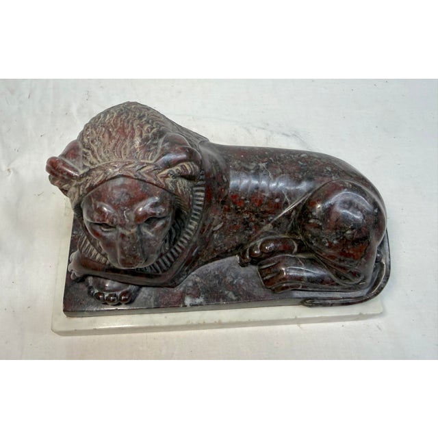 Antique Hand Carved 19th Century Reclining Lion Solid Marble Sculpture Statue For Sale - Image 10 of 16