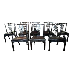 Early 20th Century Set of 8 Chippendale Style Mahogany Leather Dining Chairs