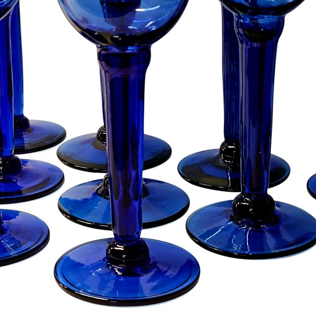 Late 20th Century Mexican Handblown Cobalt Blue Stem Glasses, Set of 9 For Sale - Image 11 of 13