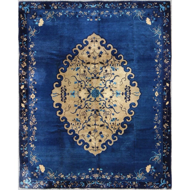 Antique Chinese Peking Rug in Royal Blue and Golden Camel Medallion For Sale - Image 9 of 9