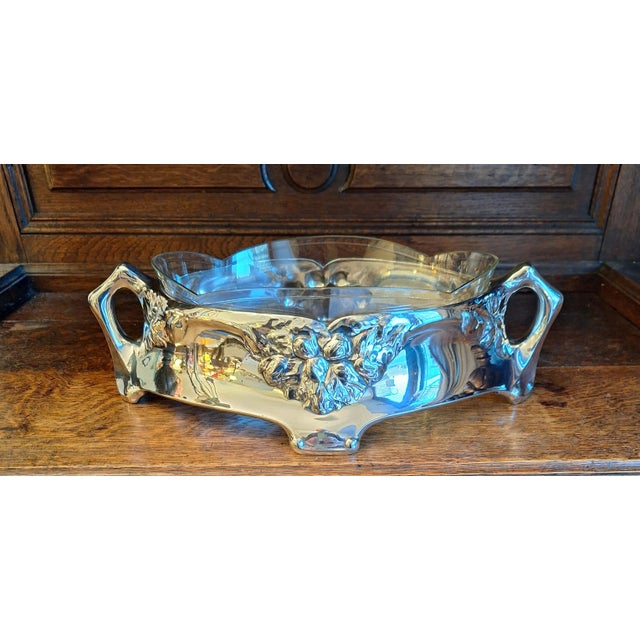 Metal Danish Art Nouveau Jardiniere in Silver-Plated Metal with Cut Glass Insert by Eneret, 1900s For Sale - Image 7 of 7