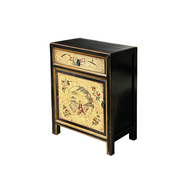 Asian Oriental Beige Base Scenery Graphic Black Body End Table Nightstand For Sale - Image 3 of 5