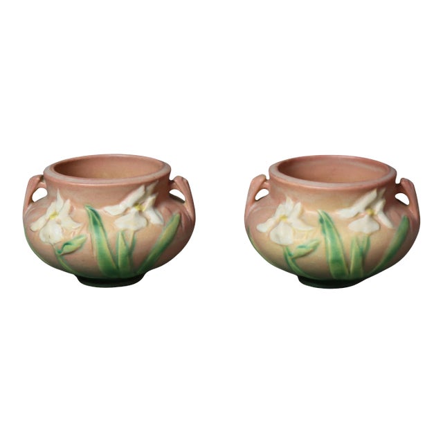 Mid 20th Century Pink Roseville Art Pottery Planters with Iris Pattern - Set of 2 For Sale