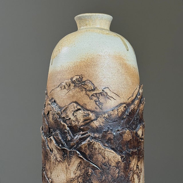 Vintage Monumental Brutalist Sculptural Beige Ceramic Vase, Signed For Sale - Image 4 of 9