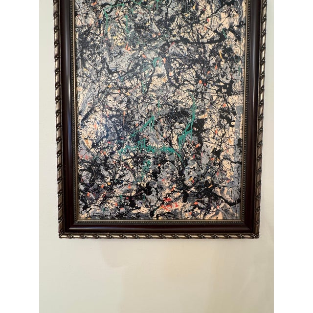 Vintage Abstract Expression "Full Fathom Five" Hand-Painted Reproduction Framed Painting in the Style of Jackson Pollock, Black, Turquoise, Peach For Sale - Image 9 of 15