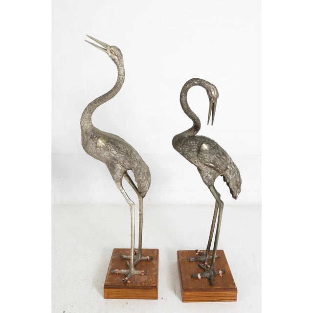 1950s Monumental Pair of Silvered Crane Sculptures on Wooden Plinth Bases | 20th Century For Sale - Image 5 of 13
