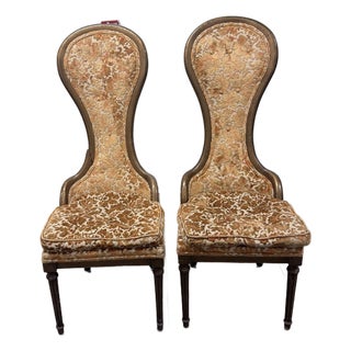 Pair of Vintage Hollywood Regency High-Back Accent Chairs – 1960s Gold Velvet For Sale
