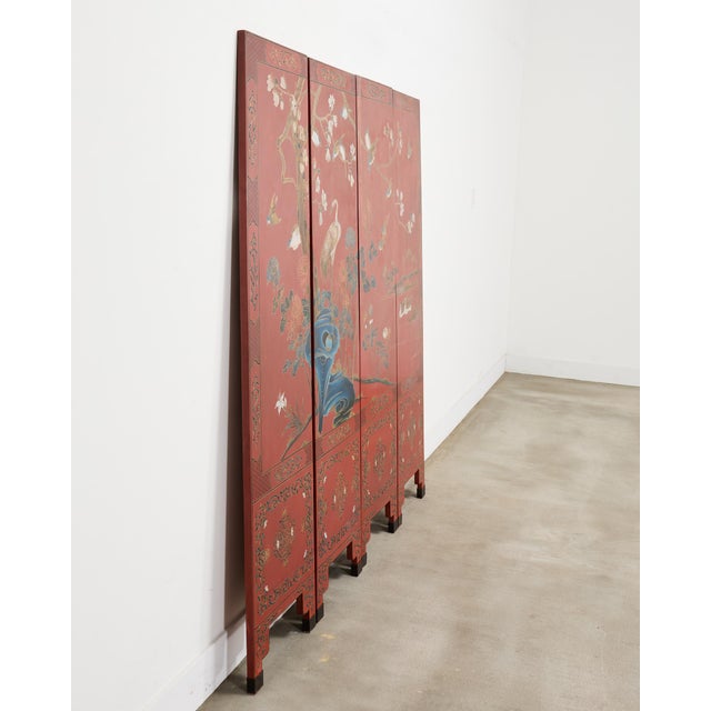 Chinese Export Four Panel Red Lacquered Chinoiserie Gilt Screen For Sale - Image 16 of 18