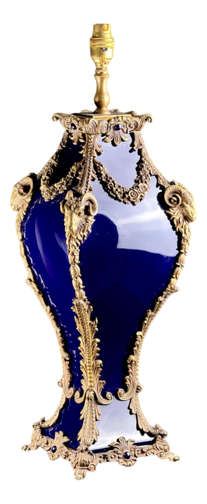 French Cobalt Glass and Ormolu Table Lamp with Ram Heads in the style of Sèvres, 1920s