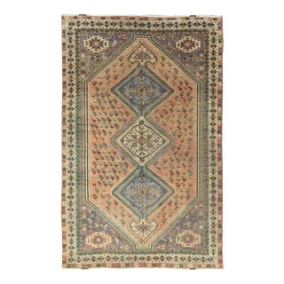 1960s Orange Semi Antique Persian Shiraz Triple Medallion With Anchors Worn Down Hand Knotted Pure Wool Oriental Rug For Sale