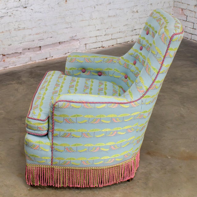 Baby Blue Mid-20th Century Traditional Art Deco Club or Lounge Chair Upholstered W/Beachy Fabric & Bullion Fringe For Sale - Image 8 of 18
