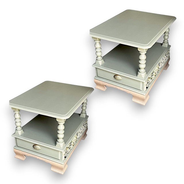 Coastal Set of Two Coastal Accent or End Tables or Nightstands in Seafoam With Mosaic Pebble Accents For Sale - Image 3 of 5