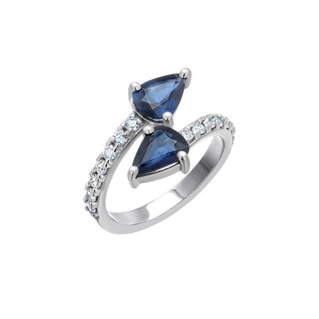 14k White Gold Matched 2 Pear-Shaped Sapphire and Diamond Cross Ring, Size 6.25 For Sale In New York - Image 6 of 9