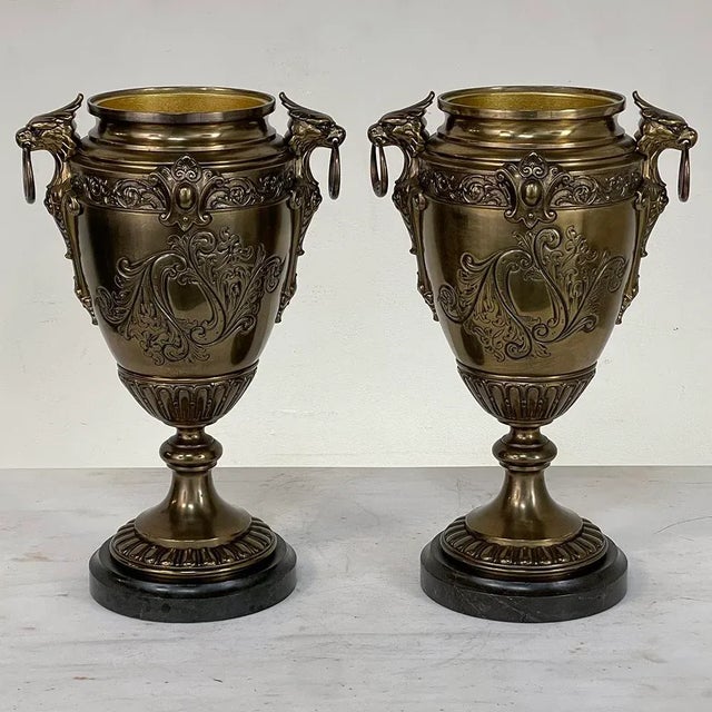 Bronze Pair of 19th Century French Napoleon III Period Bronze & Brass Urns For Sale - Image 8 of 13