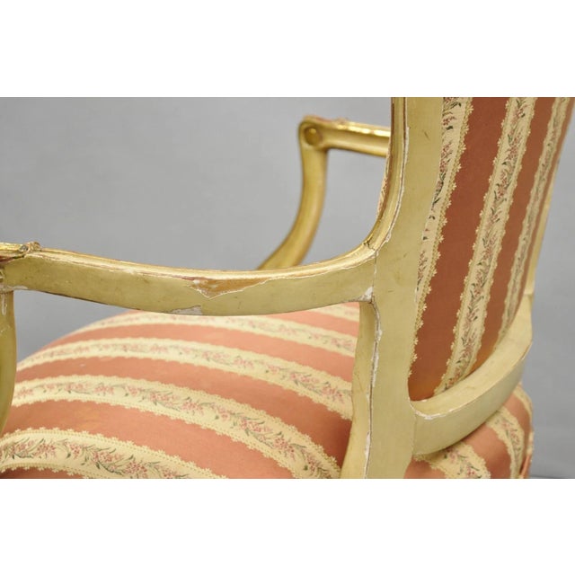 Antique French Louis XV Style Gold Giltwood Pink Stripe Fauteuil Arm Chair, Pair For Sale - Image 18 of 18
