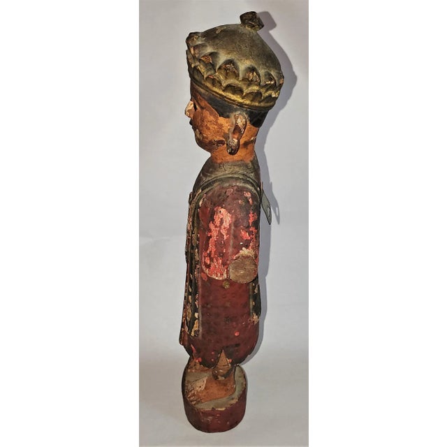 Wood Early 20c Cambodian Polychrome Male Figurine For Sale - Image 7 of 12
