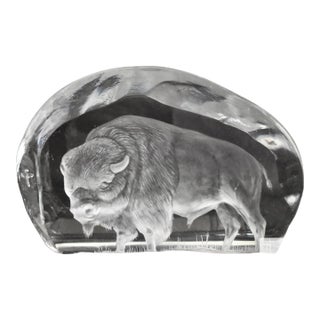 Vtg. Crystal Paperweight W/Frosted Bison/Buffalo Figure - Signed For Sale