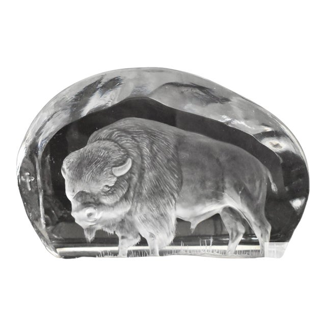 Vtg. Crystal Paperweight W/Frosted Bison/Buffalo Figure - Signed For Sale