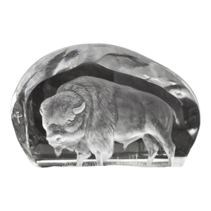 Vtg. Crystal Paperweight W/Frosted Bison/Buffalo Figure - Signed