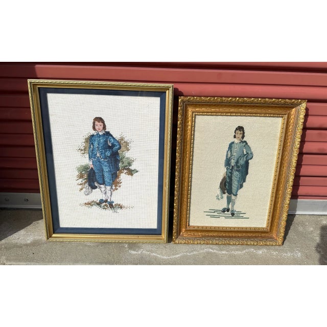 Textile Vintage Blue Boy Needlepoint Framed Art For Sale - Image 7 of 10