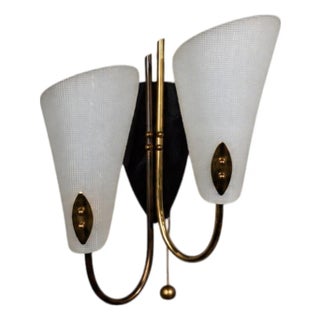 1950s Swedish Modern, Double Wall Sconce, Brass, Textured Glass For Sale