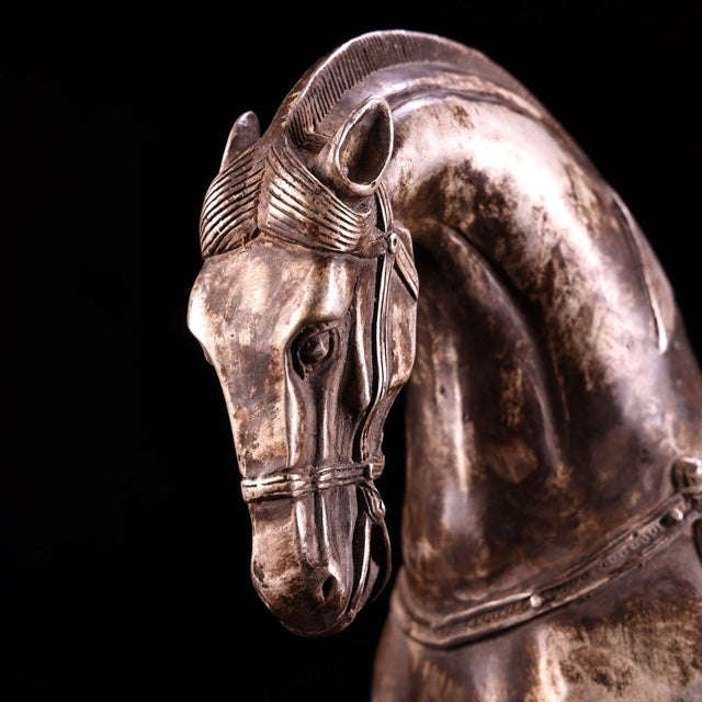 Solid Copper Silvered Galloping Horse Statue (Zhaocai Ma) - Gilt Silver Bronze Horse Figurine With Ornate Saddle For Sale - Image 4 of 10