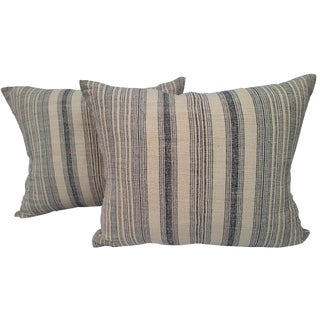 Striped Linen Homespun Pillows - A Pair For Sale