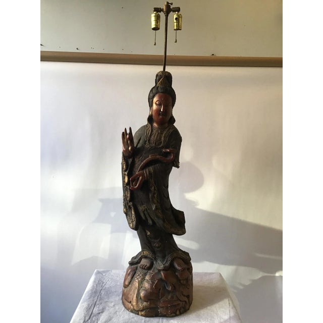 Large 1880s Carved Wood Asian Figural Table Lamp For Sale In New York - Image 6 of 13