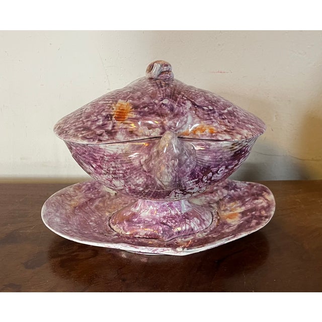 Ceramic Antique Early 19th Century English George III Wedgwood Pink Moonlight Luster Sea Shell Sauce Tureen and Under Plate Circa 1810 For Sale - Image 7 of 12