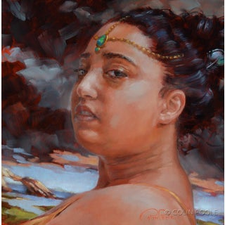 Queens Departure by Colin Poole | Oil on Wood Panel Portrait of a woman with a jeweled headpiece. For Sale