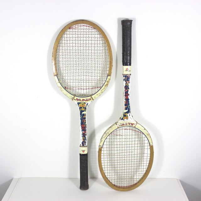 Curated Set of Vintage Wooden Tennis Rackets for Designer Decorating Two Wood Racquet Beach House For Sale - Image 4 of 10