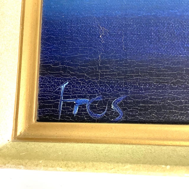 Royal Blue MCM Original Oil Painting Sailboat Harbor Signed Tros Moret Label Vintage Monochromatic 1960s/70s For Sale - Image 8 of 11