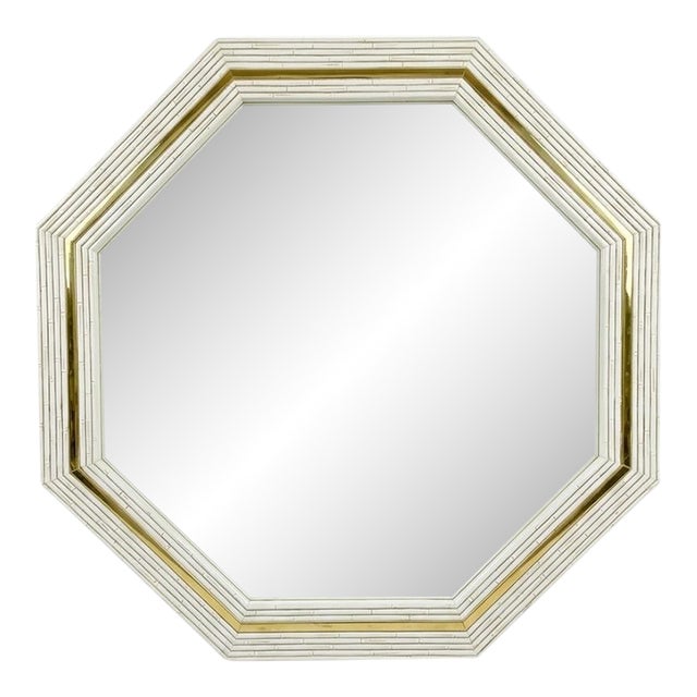 1980’s White Lacquered Faux Bamboo & Brass Hexagonal Wall Mirror -Newly Painted For Sale