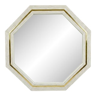 Vintage 48” White Lacquered Wood Faux Bamboo & Brass Octagonal Wall Mirror -Newly Painted For Sale