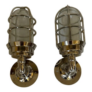 Pair of Indoor Outdoor Silver Ship Lanterns Type Sconces, Carburetor Bulkhead Modern From Urban Archaeology For Sale