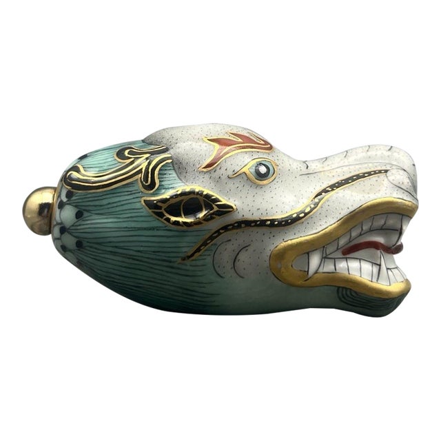 Vintage Porcelain Dragon-Head Snuff Bottle – Celadon Glazed Figural Vessel For Sale