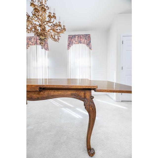 Wood 1970s Custom French Provincial Style Oak Dining Table With Parquet Top & Extensions (116.5”) For Sale - Image 7 of 8